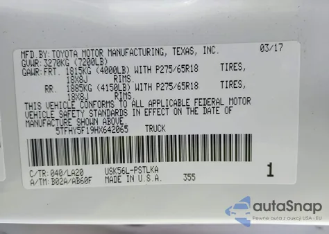 2017 Toyota Tundra Limited 5.7L V8 z USA, uszkodzony, nr VIN 5TFHY5F19HX642065